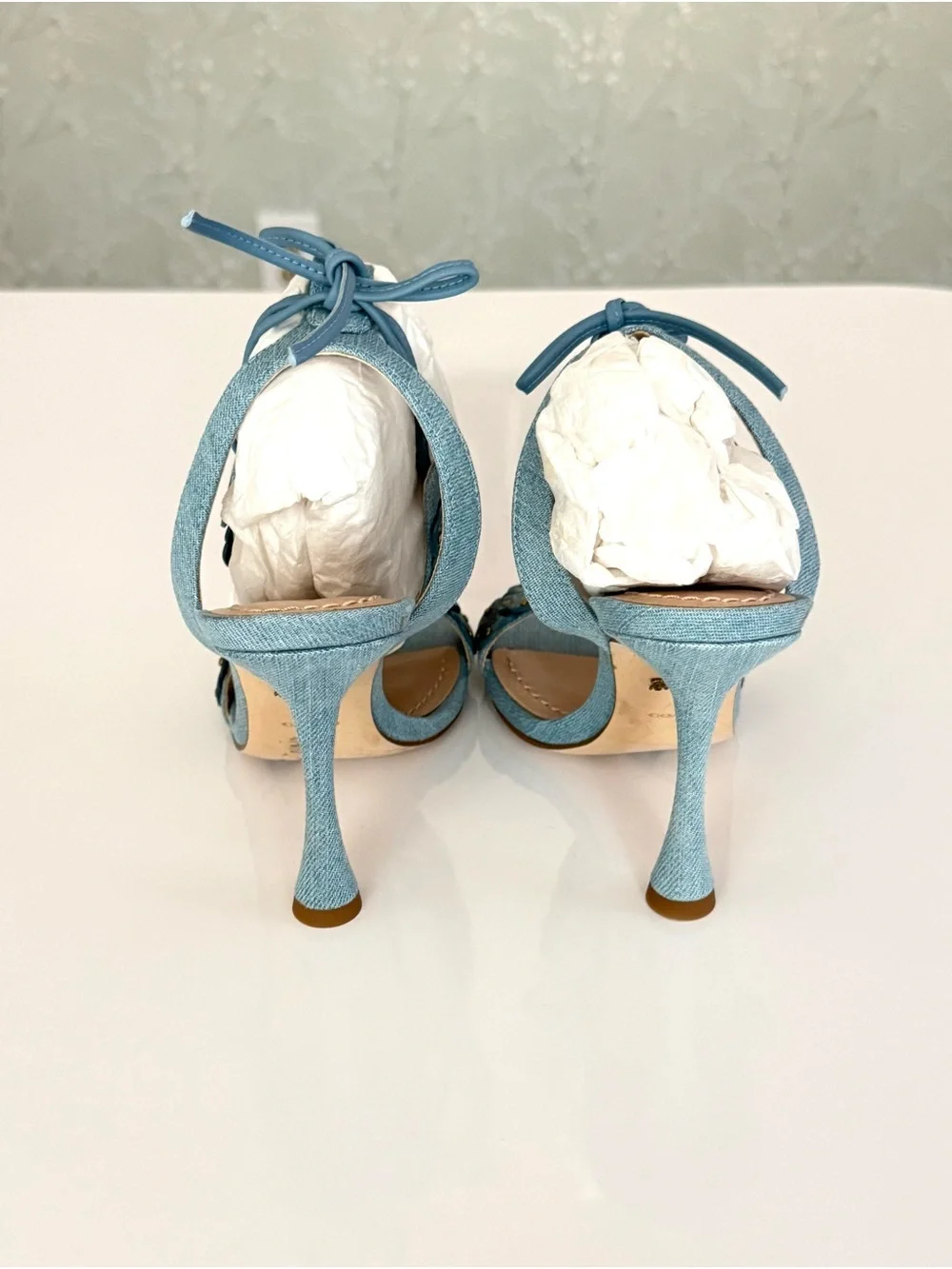 Coach Light Blue Denim Floral Appliqué High Heel Sandals